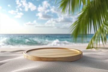 Round wooden plate on beach background with palm leaves and blue sky for product display presentation mockup banner design template, 2/3 space for text
