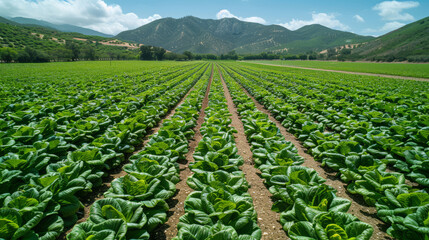 Lush lettuce field with mountain backdrop
