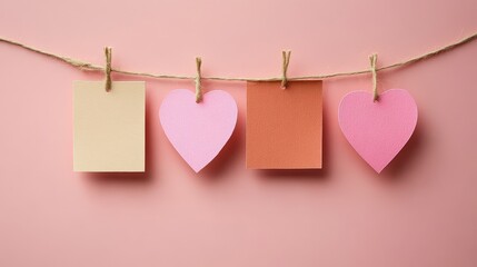 A Creative Display of Blank Colorful Notes and Shapes Hanging on a String Against a Soft Pink Background for Art or Craft Inspiration and Decoration