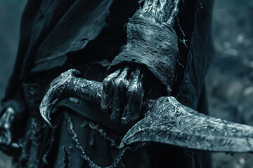 Scary grim reaper with sharp scythe in hell with dark dramatic color, abstract vivid composition consists of fictional unreal fantastic vision on background