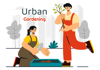 Urban Gardening Illustration Featuring People Planting Sprouts in Wooden Raised Garden Bed with Florists and Greenery on a Modern Cityscape Background