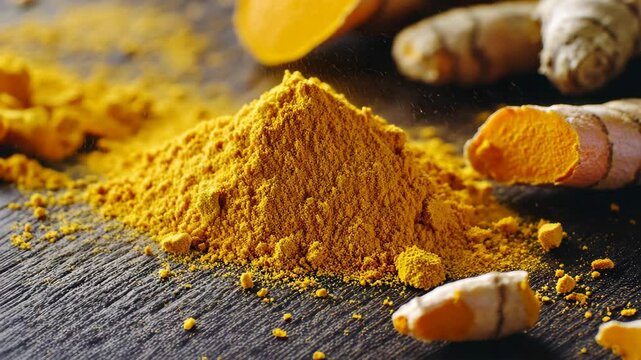 Closeup view of aromatic turmeric powder and fresh turmeric root on wooden table, Closeup aromatic turmeric powder on wooden table with turmeric roots