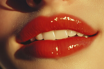 Obraz premium Close-up of woman's lips with vibrant red lipstick, exuding confidence and elegance.