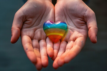 Beautiful colorful decorative heart in strong human hands on bright color, abstract vivid composition consists of fictional unreal fantastic vision on background