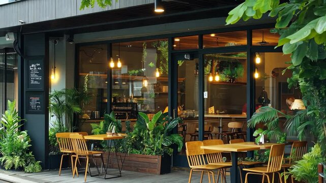 Charming cafe exterior with lush greenery and inviting seating in summer, Cafe exterior with green plants in summer Seamless ing timelapse background