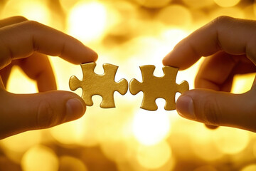 Two hands holding puzzle pieces, fitting together perfectly.