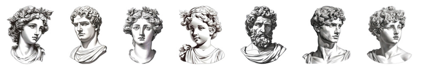 Obraz premium PNG Classical marble busts in sequence, element set on transparent background