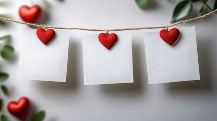 Set of blank notes held on a string with decorative red hearts and greenery for thoughtful messages and reminders in a romantic setting