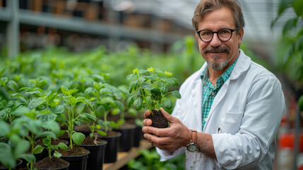 Scientist holding potted plant in greenhouse