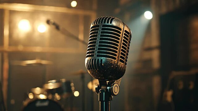 Rustic microphone ready for a live music performance in an intimate venue during the evening