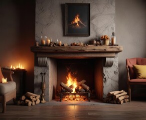A crackling fireplace with a roaring fire and warm flames, frosty windows , crackling fire