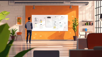 man standing in front of a startup office with creative design elements. 