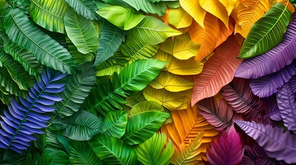 vibrant rainbow tropical leaves background - vibrant color palettes
