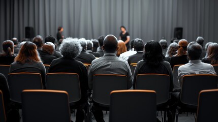Engaged Audience in a Dimly Lit Conference Room with Soft Lighting