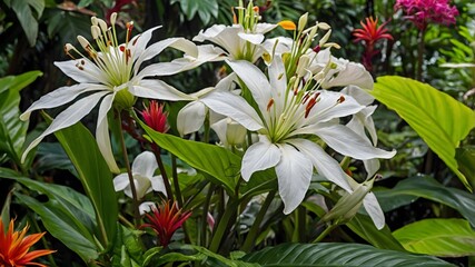 Obraz premium White Batflower in a Tropical Garden Surrounded by Exotic Plants and Colorful Blooms