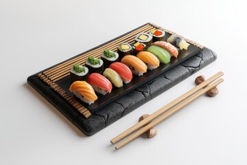 Assorted sushi on black slate platter with chopsticks.