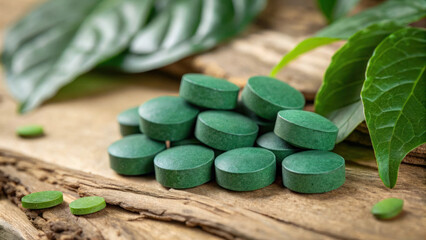 Vibrant spirulina tablets stacked on wooden surface with green leaves