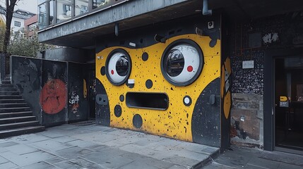 Playful face mural on building exterior, urban setting, background shows stairs and city architecture, suitable for children's book or urban art website