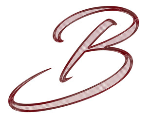 Red, ornate, metal 3D letter with metal mesh inside.

