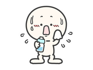 汗をかいている暑そうな人物と水のペットボトルのベクターイラスト07