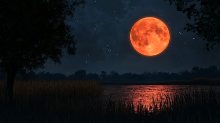 Dramatic blood moon glow illuminating clouds in a starry dark night scene image