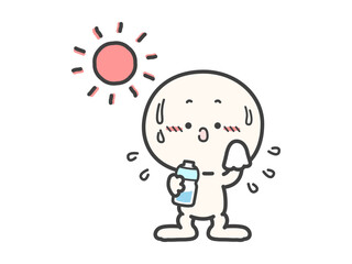 汗をかいている暑そうな人物と水のペットボトルのベクターイラスト06