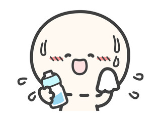 汗をかいている暑そうな人物と水のペットボトルのベクターイラスト01