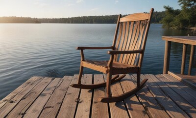 A distressed wooden rocking chair is positioned on a wooden dock overlooking the water, beachside, wooden dock, coastal rockers