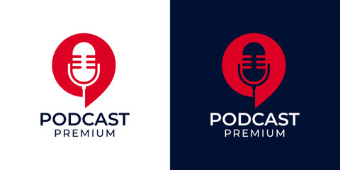 Podcast mic logo design template vector. Microphone talk chat bubble vector logo. Microphone icon logo illustration vector for podcast, music, radio, voice, education, studio, channel, social media.