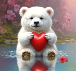 Illustration of fluffy bear with red heart.