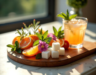 Refreshing citrus cocktail with garnish board for summer entertaining
