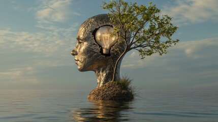 Sculptural head with tree growing on water surface. Perfect for environmental consciousness and personal growth concepts.