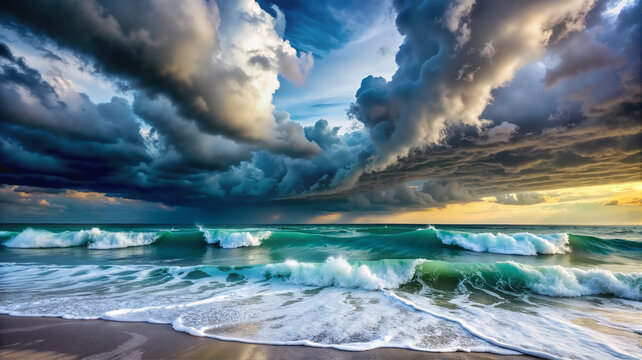 Stormy sky over ocean with rolling waves