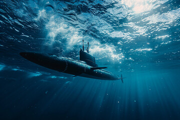 Fototapeta premium Beautiful large submarine floating in middle of deep ocean during mission, abstract vivid composition consists of fictional unreal fantastic vision on background