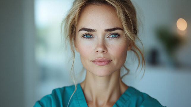 a woman with a blue shirt and a white necklace