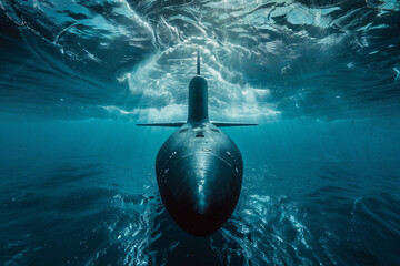 Beautiful large submarine floating in middle of deep ocean during mission, abstract vivid composition consists of fictional unreal fantastic vision on background