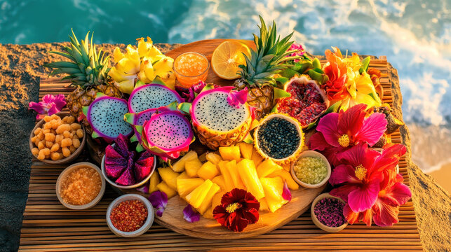 Colorful tropical fruit and garnish board by the ocean for refreshing cocktails