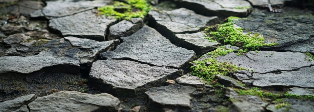 Weathered stone surface with cracks and moss growth. Wide background
