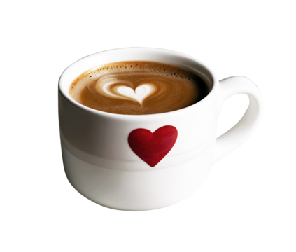 white pottery cup of coffee with heart, valentine love wedding romantic concept, coffee mug isolated on transparent background, png file with copy space for text
