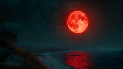 Serene night scene with red moon beyond silhouetted pine tree forest wallpaper image