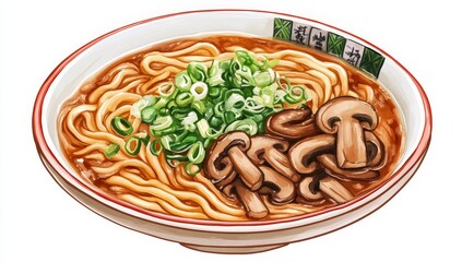 Delicious bowl of ramen noodles with mushrooms and scallions.