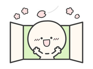 春の桜の花と窓からお花見をする人物のベクターイラスト02