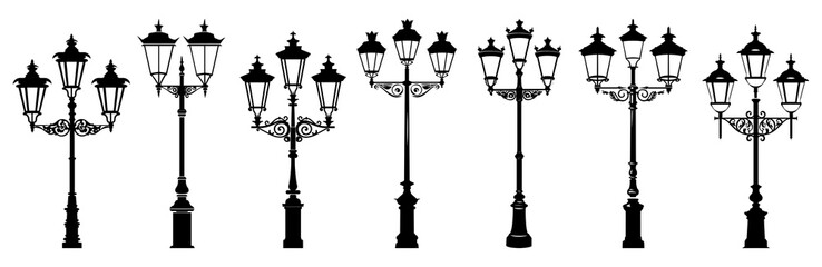 PNG Vintage street lamp silhouettes collection, isolated element set, transparent background