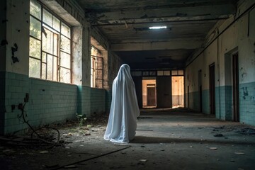 A ghostly spectral presence materializes in a dimly lit abandoned chamber, eerie, dark, abandoned