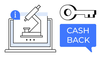 Laptop with microscope icon on screen, information icon, key, and CASH BACK text bubble. Ideal for online transactions, e-commerce, security, research, financial incentives technology education