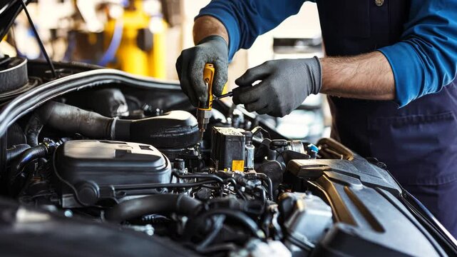 Mechanic repairs car engine in garage during afternoon hours, A male mechanic is working on repairing car engine in auto repair shop