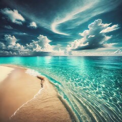 Stunning tropical beach scene with a crystal-clear turquoise ocean gently meeting the soft, golden sand