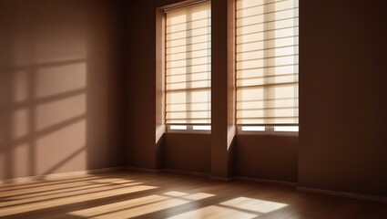 Minimalist brown empty studio corner with sunlight and shadows from window