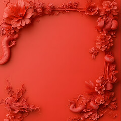 Obraz premium Floral and dragon decorative frame artistic display red background vibrant colors aesthetic inspiration