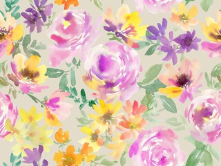 Abstract pink roses and wild flowers Seamless Pattern in Watercolor,Watercolor Floral Textile Design for spring.